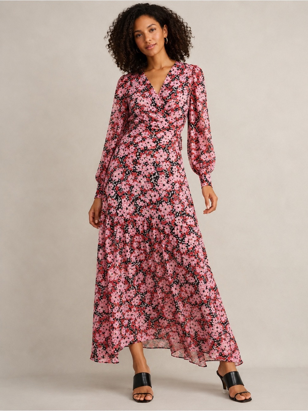 Bar III Pink Floral Wrap Midi Dress Long Sleeve Faux Wrap Ruffle Hem 
Size XS